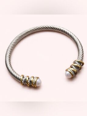 Twisted Cable Wire Pearl Bracelet Gold Silver Cuff Bangle